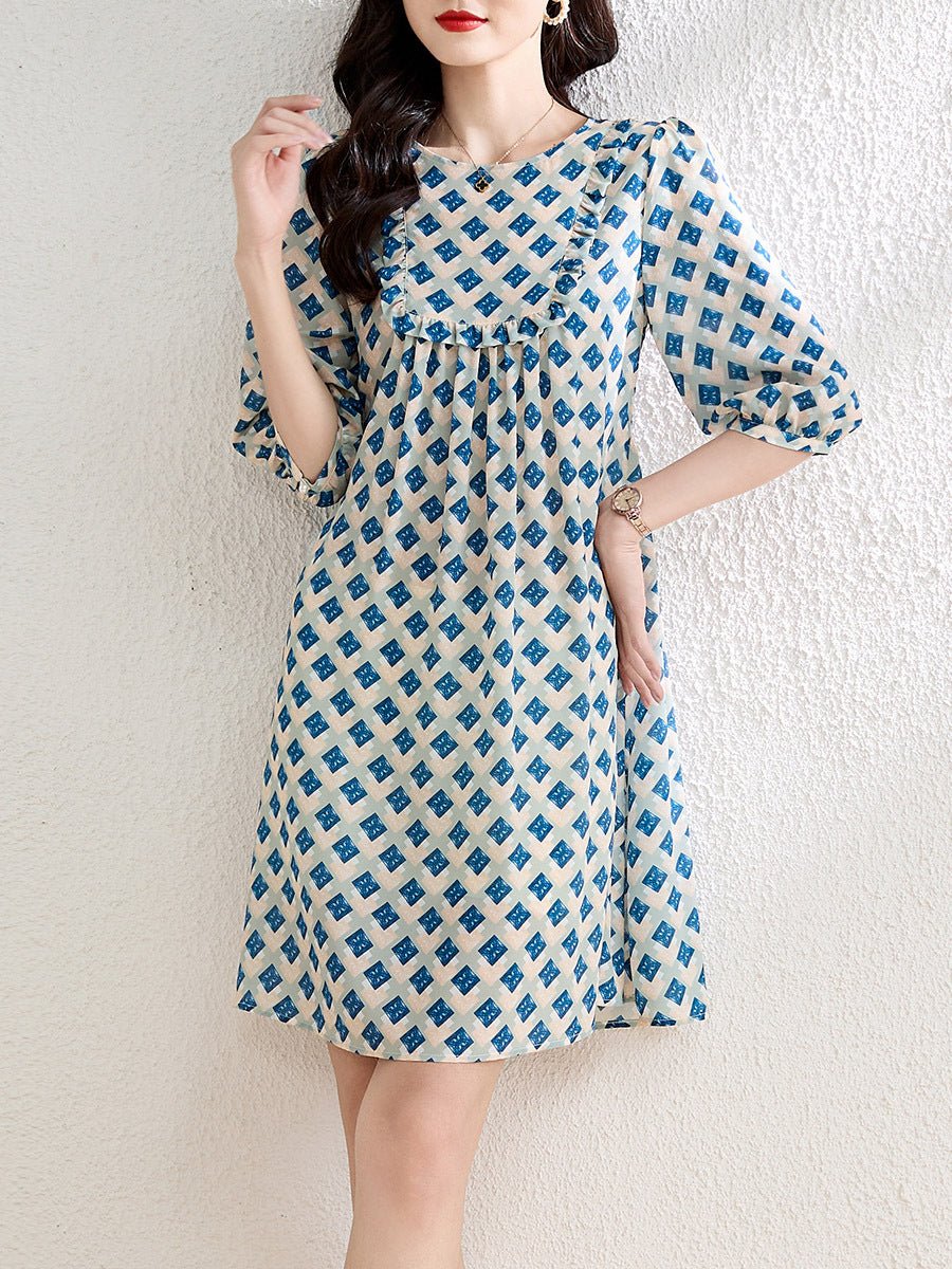 Womens Geometric Print Silk Mini Dress with Ruffle Detail