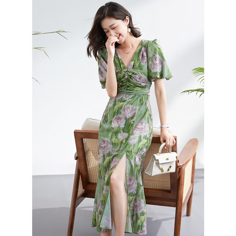 Womens Green Silk Floral Ruched Maxi Dress Slit Silk Dresses