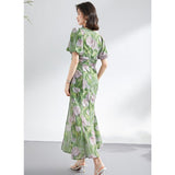 Womens Green Silk Floral Ruched Maxi Dress Slit Silk Dresses
