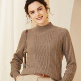Womens Diamond Cable Knit Mock Neck Long Sleeve Cashmere Sweater