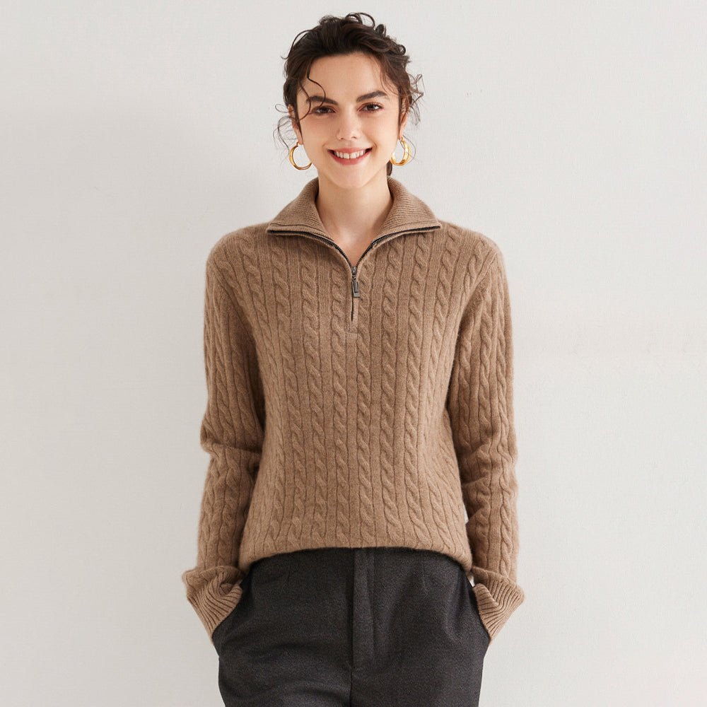 Womens Half-Zip Cable Knit Pure Cashmere Sweater Collared Cashmere Pullover Gray XS