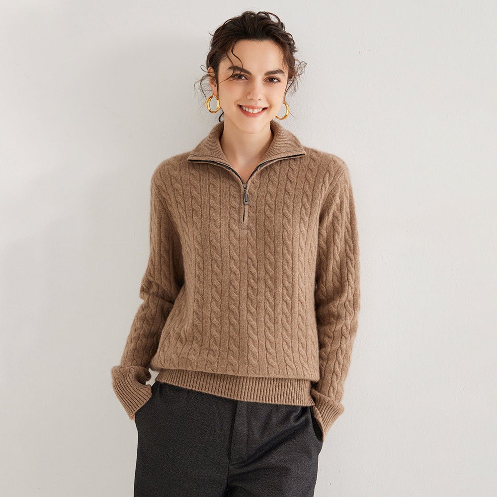 Womens Half-Zip Cable Knit Pure Cashmere Sweater Collared Cashmere Pullover Taupe XS