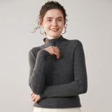 Womens Half-Zip Cashmere Sweater Mock Neck Ribbed Cashmere Pullover Gray XS