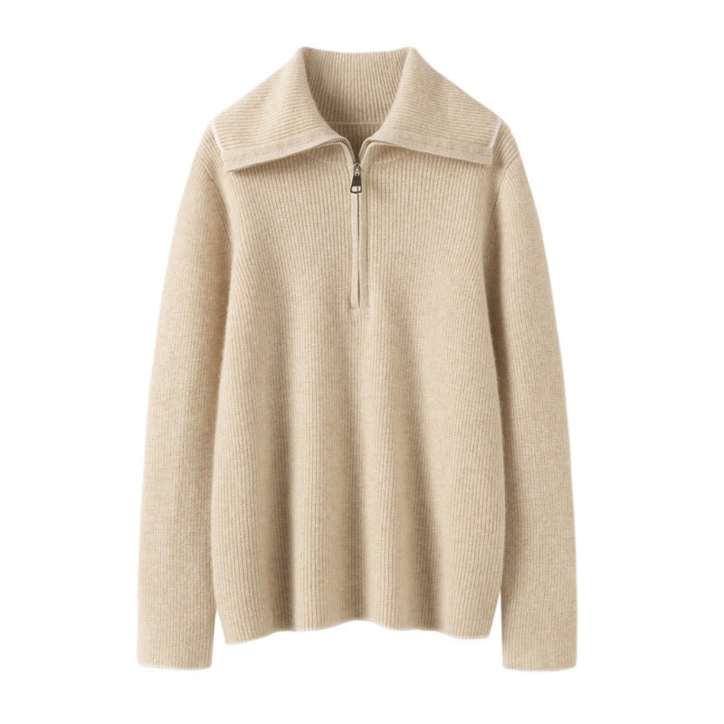 Womens Half-Zip Cashmere Sweater Ribbed Knit Collared Cashmere Pullover Beige XS