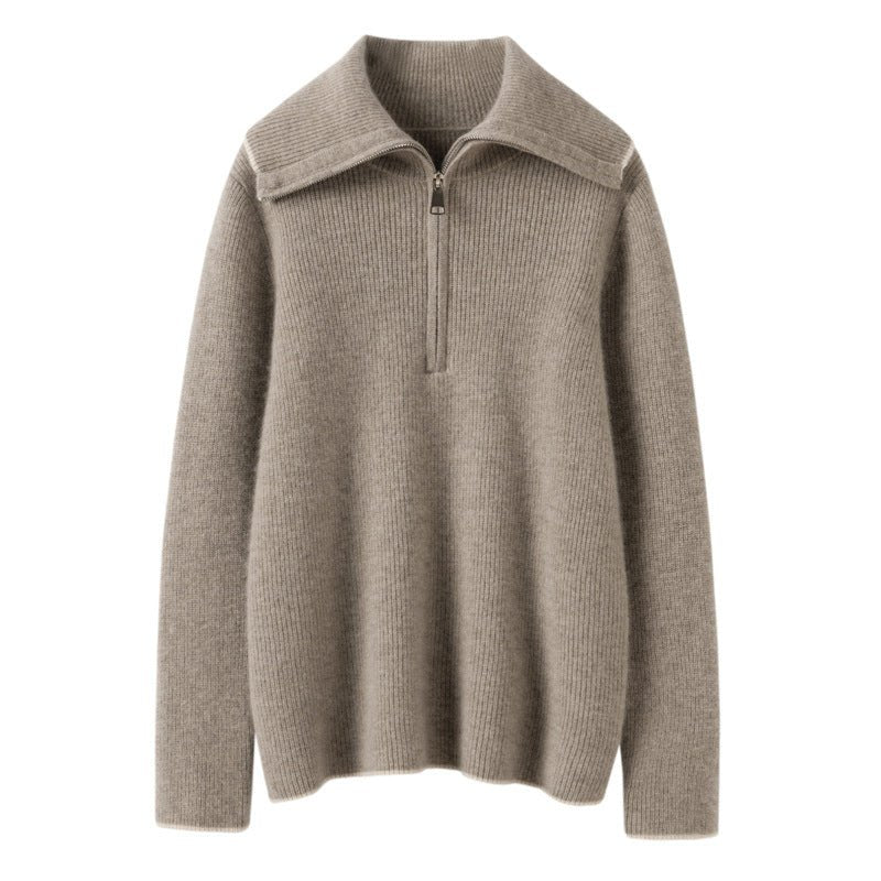 Womens Half-Zip Cashmere Sweater Ribbed Knit Collared Cashmere Pullover Taupe XS