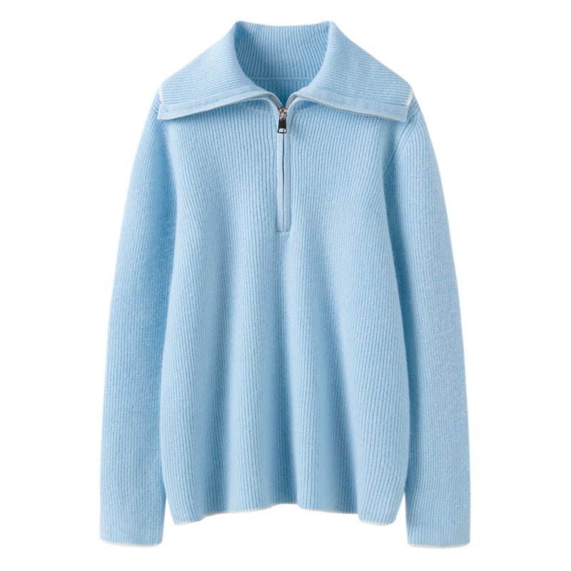 Womens Half-Zip Cashmere Sweater Ribbed Knit Collared Cashmere Pullover Blue XS