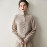 Womens High Neck Cashmere Cardigan Button Cashmere Sweater Oatmeal XS