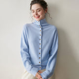 Womens High Neck Cashmere Cardigan Button Cashmere Sweater Blue XS