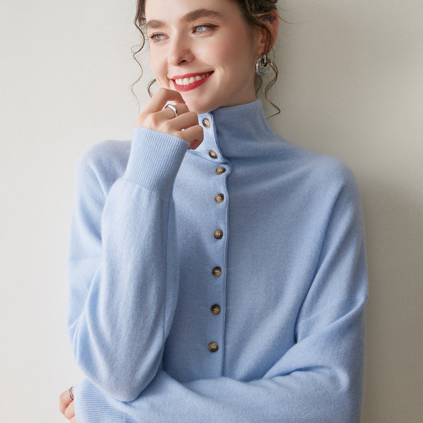 Womens High Neck Cashmere Cardigan Button Cashmere Sweater Blue XS