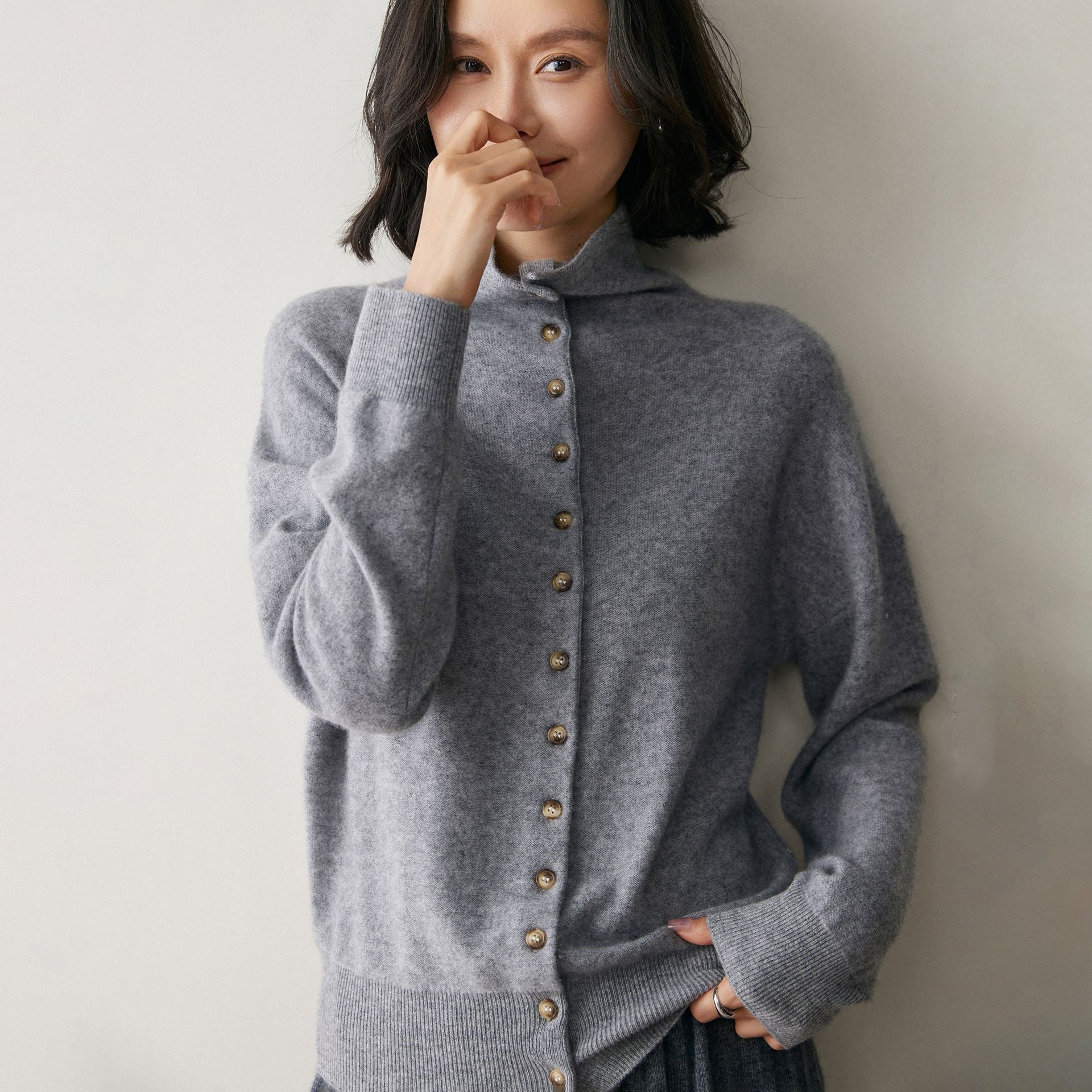 Womens High Neck Cashmere Cardigan Button Cashmere Sweater Gray XS