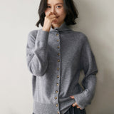 Womens High Neck Cashmere Cardigan Button Cashmere Sweater Gray XS