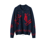 Womens Jacquard Pure Cashmere Cardigan Zip-Up Cardigan Sweater Navy Blue XS