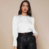 Women's Lantern Sleeve Silk Blouse Long Sleeves Silk Shirt White XS