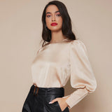 Women's Lantern Sleeve Silk Blouse Long Sleeves Silk Shirt Champagne XS