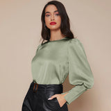 Women's Lantern Sleeve Silk Blouse Long Sleeves Silk Shirt Light Green XS