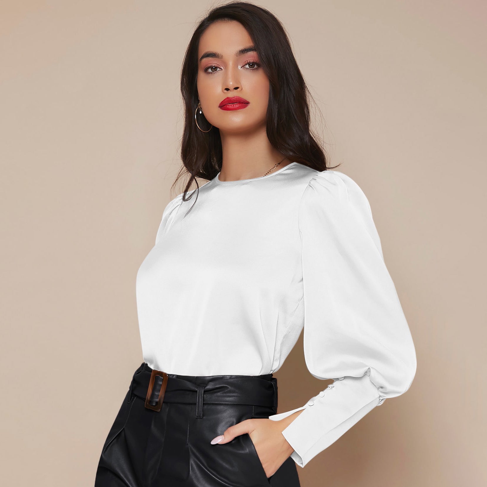 Women's Lantern Sleeve Silk Blouse Long Sleeves Silk Shirt White XS