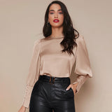 Women's Lantern Sleeve Silk Blouse Long Sleeves Silk Shirt Champagne XS