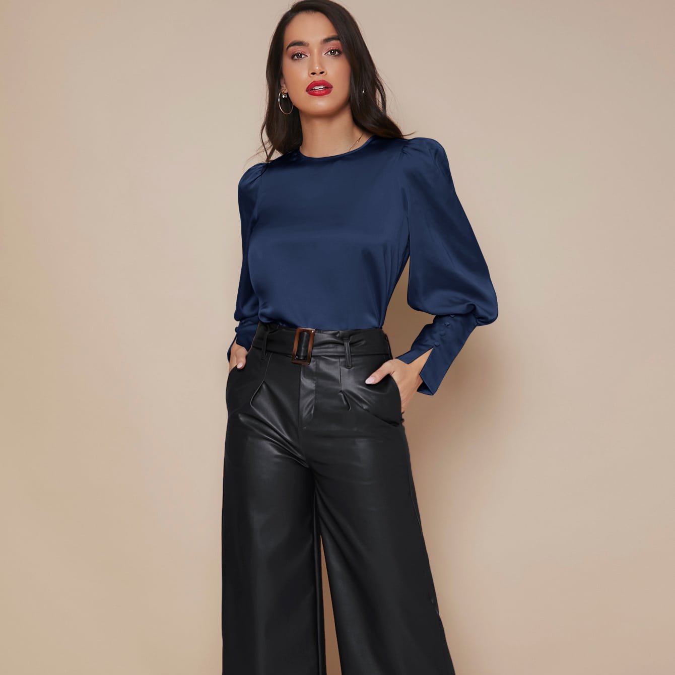 Women's Lantern Sleeve Silk Blouse Long Sleeves Silk Shirt Navy Blue XS