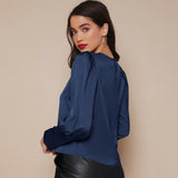 Women's Lantern Sleeve Silk Blouse Long Sleeves Silk Shirt Navy Blue XS