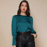 Women's Lantern Sleeve Silk Blouse Long Sleeves Silk Shirt Dark Teal XS