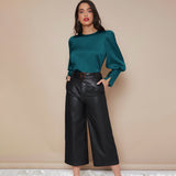 Women's Lantern Sleeve Silk Blouse Long Sleeves Silk Shirt Dark Teal XS