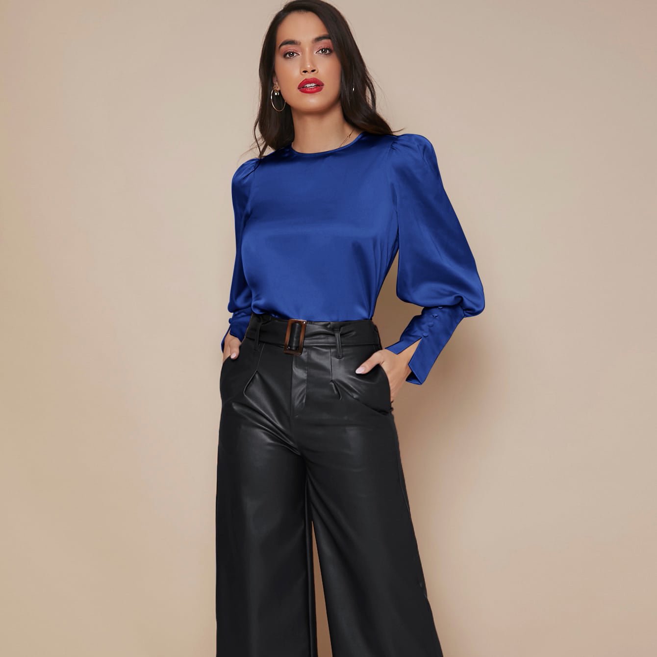 Women's Lantern Sleeve Silk Blouse Long Sleeves Silk Shirt Navy Blue XS