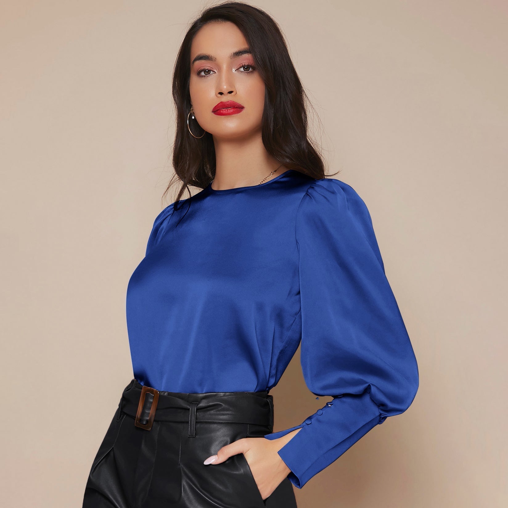 Women's Lantern Sleeve Silk Blouse Long Sleeves Silk Shirt Navy Blue XS