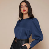 Women's Lantern Sleeve Silk Blouse Long Sleeves Silk Shirt Navy Blue XS