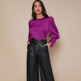 Women's Lantern Sleeve Silk Blouse Long Sleeves Silk Shirt Navy Blue XS