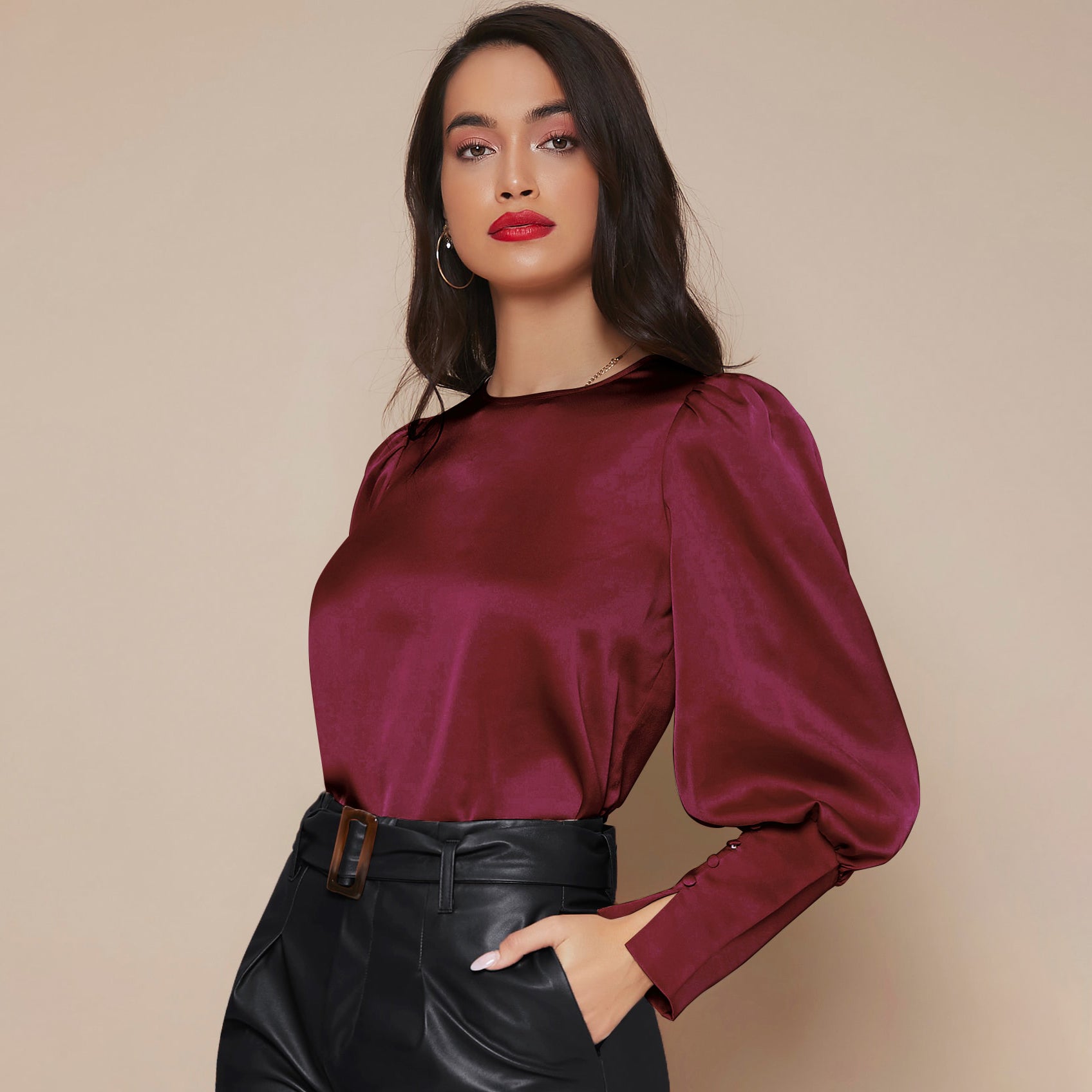 Women's Lantern Sleeve Silk Blouse Long Sleeves Silk Shirt Navy Blue XS