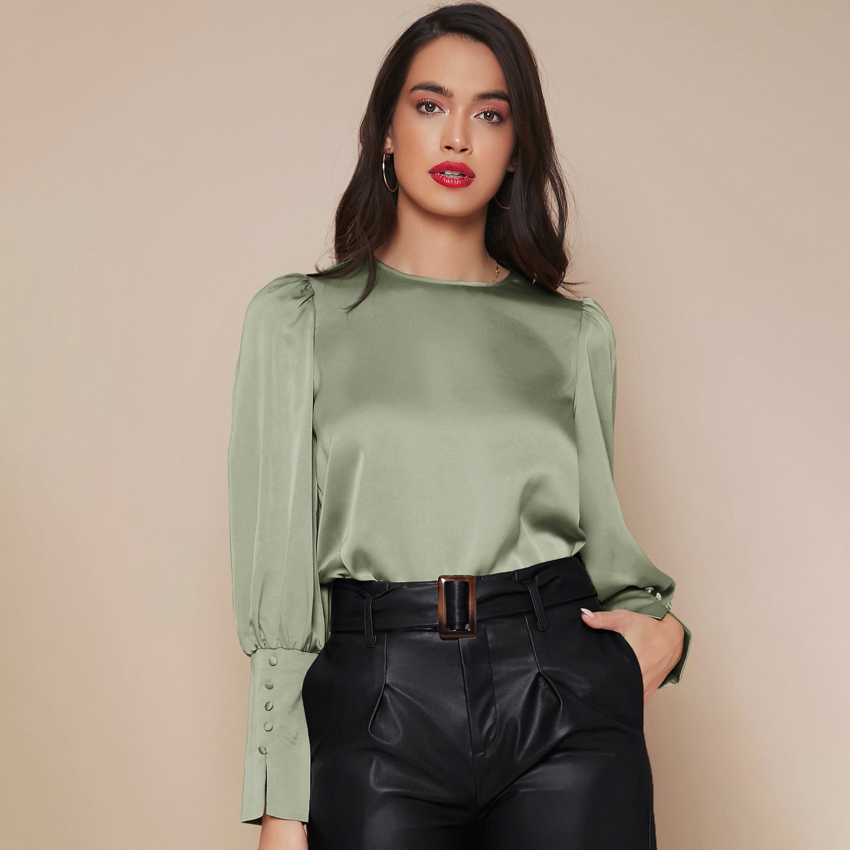 Women's Lantern Sleeve Silk Blouse Long Sleeves Silk Shirt Light Green XS