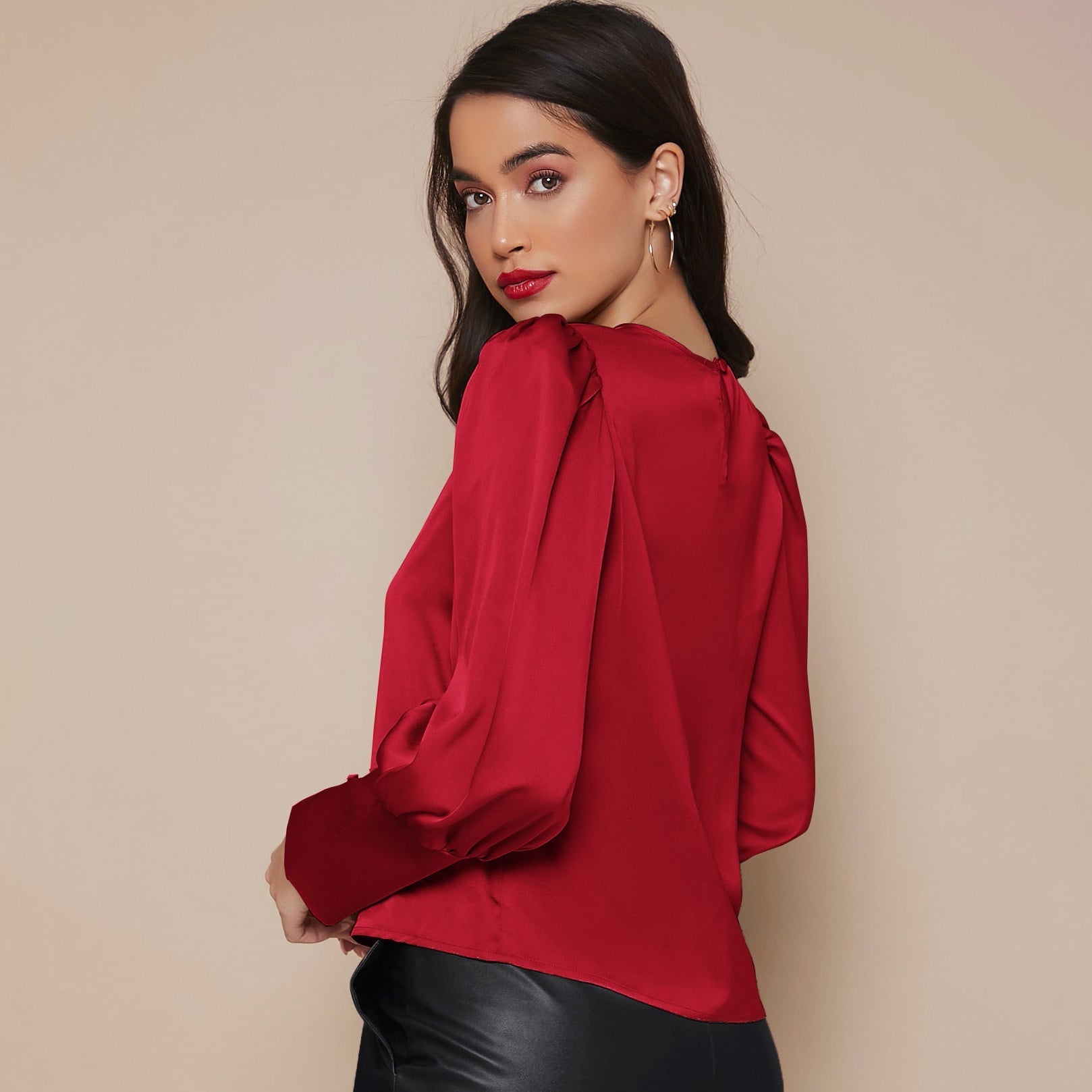 Women's Lantern Sleeve Silk Blouse Long Sleeves Silk Shirt Claret XS