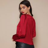 Women's Lantern Sleeve Silk Blouse Long Sleeves Silk Shirt Claret XS