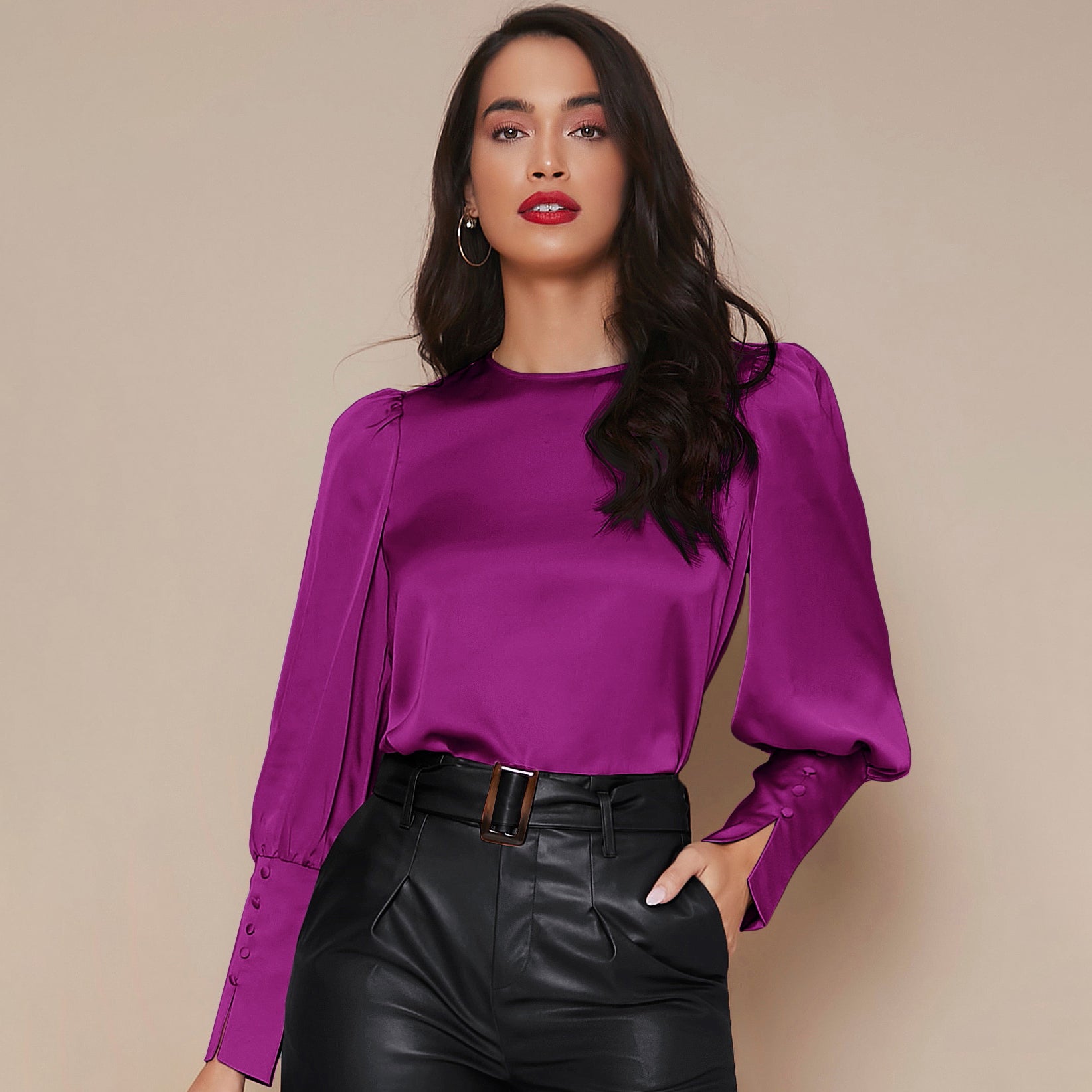 Women's Lantern Sleeve Silk Blouse Long Sleeves Silk Shirt Navy Blue XS