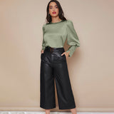 Women's Lantern Sleeve Silk Blouse Long Sleeves Silk Shirt Light Green XS