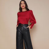 Women's Lantern Sleeve Silk Blouse Long Sleeves Silk Shirt Claret XS