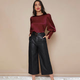 Women's Lantern Sleeve Silk Blouse Long Sleeves Silk Shirt Navy Blue XS