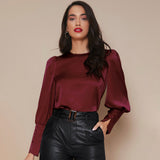 Women's Lantern Sleeve Silk Blouse Long Sleeves Silk Shirt Navy Blue XS