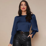 Women's Lantern Sleeve Silk Blouse Long Sleeves Silk Shirt Navy Blue XS