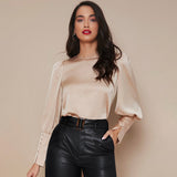 Women's Lantern Sleeve Silk Blouse Long Sleeves Silk Shirt Champagne XS