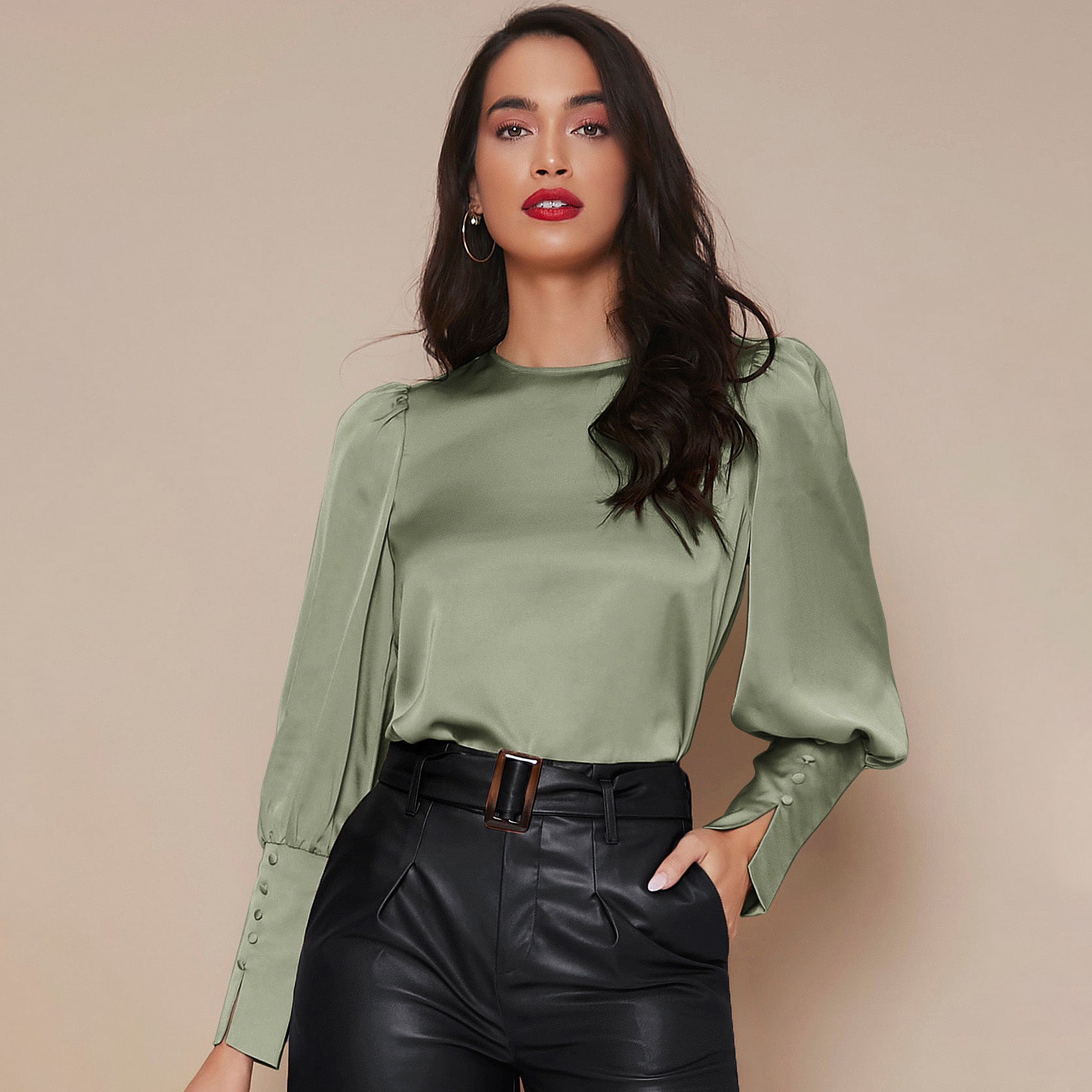 Women's Lantern Sleeve Silk Blouse Long Sleeves Silk Shirt Light Green XS