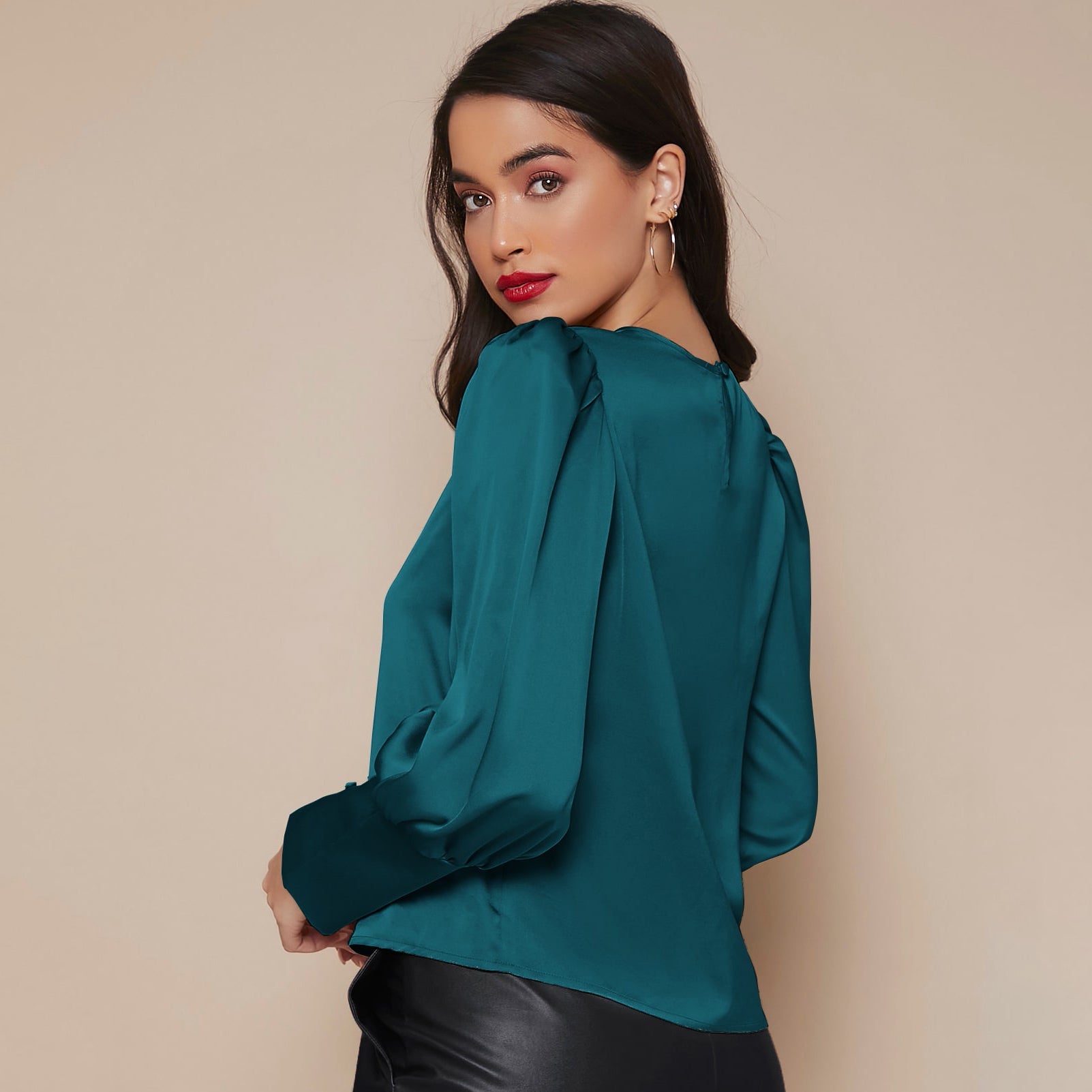 Women's Lantern Sleeve Silk Blouse Long Sleeves Silk Shirt Dark Teal XS