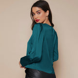 Women's Lantern Sleeve Silk Blouse Long Sleeves Silk Shirt Dark Teal XS