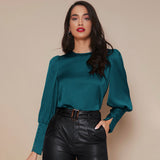 Women's Lantern Sleeve Silk Blouse Long Sleeves Silk Shirt Dark Teal XS