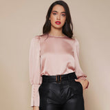 Women's Lantern Sleeve Silk Blouse Long Sleeves Silk Shirt Rosy Pink XS
