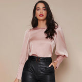 Women's Lantern Sleeve Silk Blouse Long Sleeves Silk Shirt Rosy Pink XS