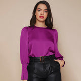 Women's Lantern Sleeve Silk Blouse Long Sleeves Silk Shirt Navy Blue XS