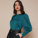 Women's Lantern Sleeve Silk Blouse Long Sleeves Silk Shirt Dark Teal XS