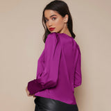 Women's Lantern Sleeve Silk Blouse Long Sleeves Silk Shirt Navy Blue XS