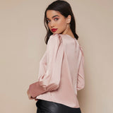 Women's Lantern Sleeve Silk Blouse Long Sleeves Silk Shirt Green XS